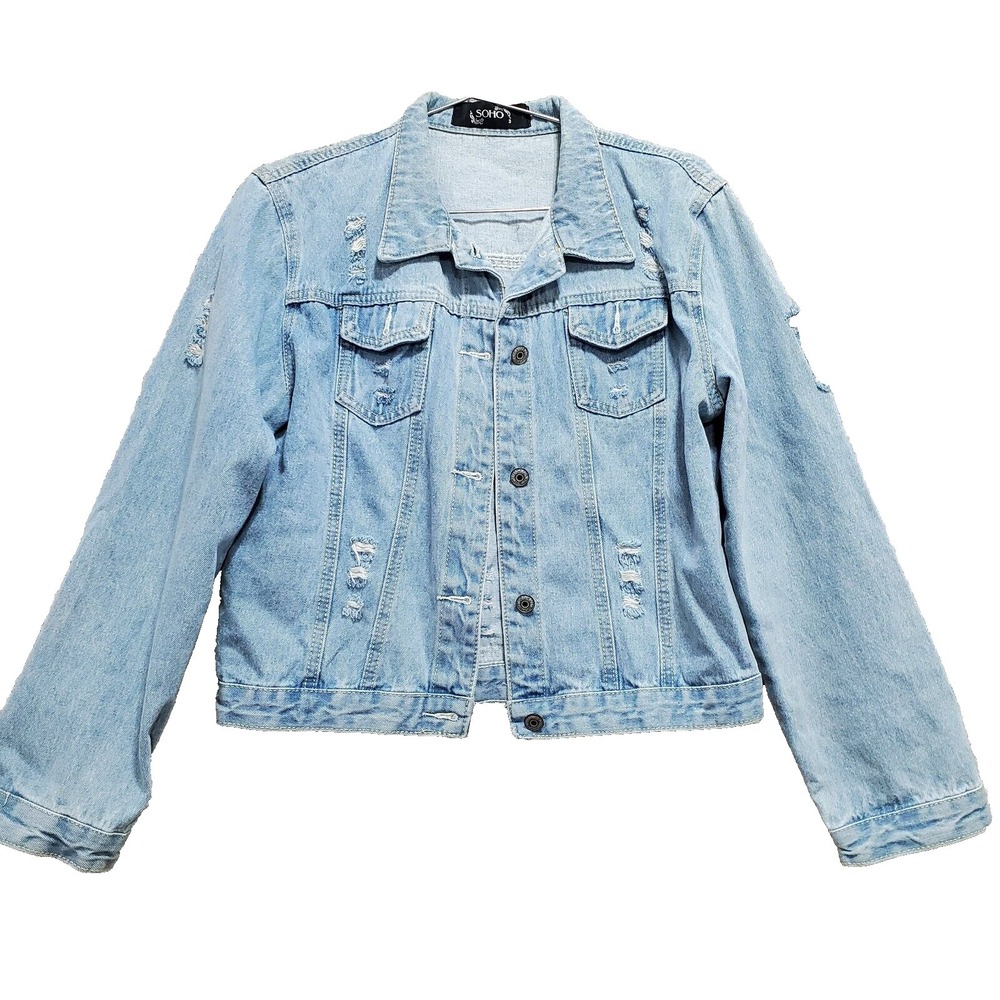 Soho Trucker Jacket Women's 3 Blue Cotton Aztec Embroidered Cropped Distressed